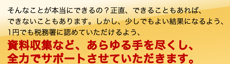そんなことが本当にできるの？正直、できることもあれば、できないこともあります。しかし、少しでもよい結果になるよう、1円でも税務署に認めていただけるよう、資料収集など、あらゆる手を尽くし、全力でサポートさせていただきます。
